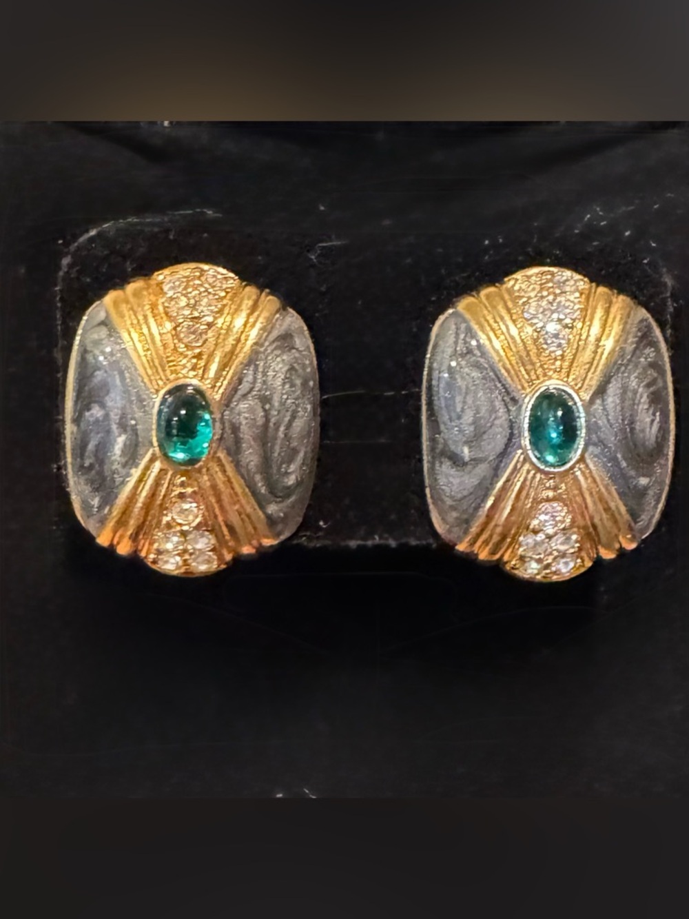 Vintage KJL for Avon Earrings—GoldTone, Gray Enamel, Green Cabochons, & Crystals